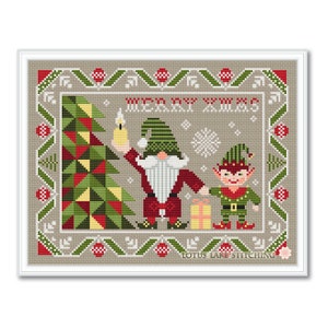 Cross stitch Christmas tree, gnome and elf, Merry Christmas sampler, Winter primitive pdf pattern
