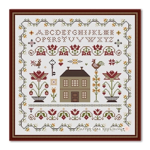 House and Alphabet Cross Stitch Pattern: Primitive Sampler (PDF Pattern)