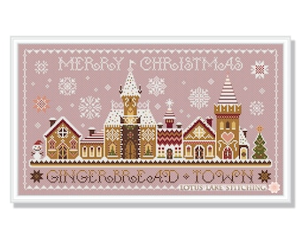 Cross stitch Gingerbread town, Merry Christmas Gingerbread houses pattern pdf, Winter Gingerbreadhouse primitive sampler