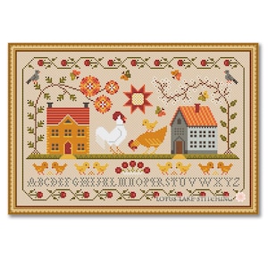 Chicken Farm House Cross Stitch Pattern: Primitive Alphabet Sampler (PDF Pattern)