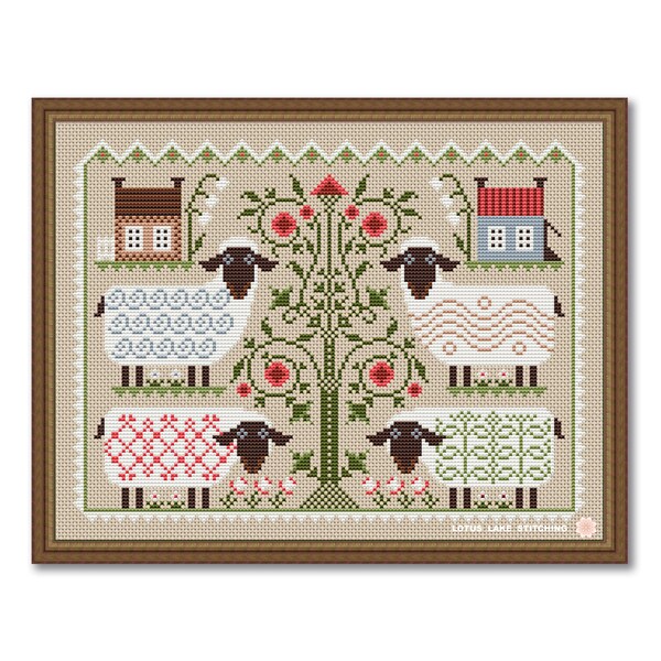 Cross stitch House and Sheep, Sheep sampler, Four summer sheep, Primitive   pattern pdf