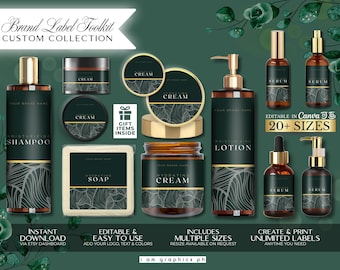 Editable Skincare Product Labels in Canva | Deep Green Luxury Editable Labels | DIY Product Packaging | Cosmetic Labels | Instant Download