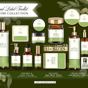 Olive Green Luxury DIY Editable Skincare Product Label Collection Cosmetic Label Template Bundle Editable Canva Templates Product Packaging
