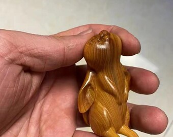 Aged Cypress Red Oil Material - High Oil Content, High Density Wooden Rabbit Figurine - Handcrafted Collectible Wood Carving"