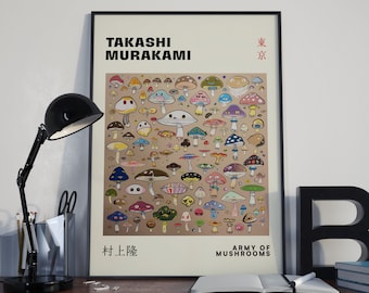 Takashi Murakami Digital Print, Mushroom Wall Art, Cartoon Fungi Print, Botanical Artwork, Kawaii Room Decor, Army of Mushrooms, Digital.