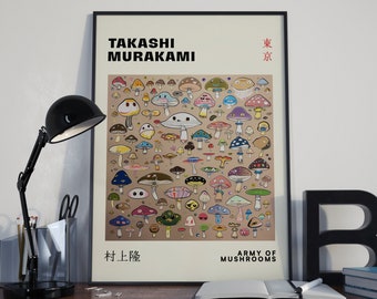 Takashi Murakami Poster, Mushroom Wall Art, Cartoon Fungi Print, Botanical Artwork, Japanese Wall Decor Kawaii Room Decor, Army of Mushrooms