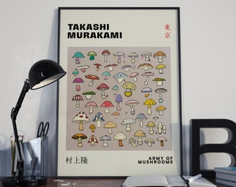 Takashi Murakami Digital Print, Mushroom Wall Art, Cartoon Fungi Print, Botanical Artwork, Kawaii Room Decor, Army of Mushrooms, Digital.