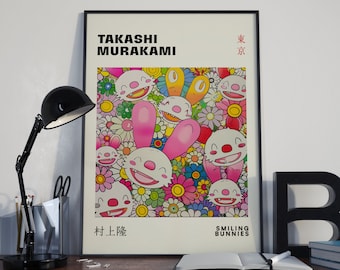 Takashi Murakami Bunny Poster, Smiling Bunnies Wall Art, Floral Smile Bunny Print, Happy Flower Artwork, Japanese Wall Decor, Kawaii Bunnies