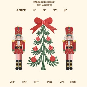 May include: An embroidery design for machine use featuring a Christmas tree with red ornaments and a red bow, flanked by two toy soldier nutcrackers. The design is available in 4 sizes: 4", 5", 7", and 9".
