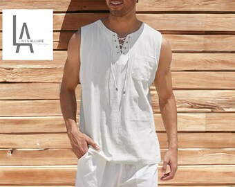 Men's Linen Top | Loose Type Clothes | Sleeveless Vest | Beachwear Outfit