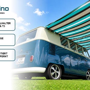 Könnte beinhalten: Eine schwarze, kompakte, L-förmige Metallhalterung für VW T1, T2 und T3 Campingbusse. Das Produkt wird neben einem blau-weißen Oldtimer-Bus mit einem gestreiften türkisen, schwarzen und weißen Sonnensegel gezeigt. Der Text auf dem Bild enthält RETROino.