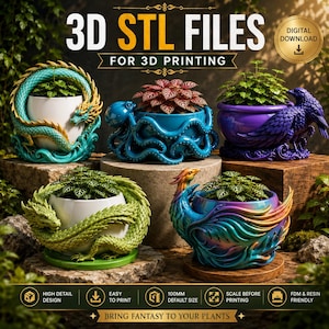 May include: A collection of five 3D STL files for 3D printing decorative plant pots featuring a teal dragon, a blue octopus, a purple raven, a green dragon, and a multicolored phoenix. The text reads 3D STL FILES FOR 3D PRINTING and DIGITAL DOWNLOAD.