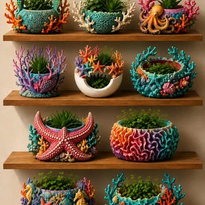 May include: A collection of ten decorative planters featuring marine life themes, including seahorses, octopuses, starfish, and coral reef textures. Each planter is painted in vibrant colours and holds small green plants, arranged on four wooden shelves.