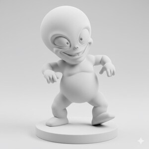 Può includere: Una figura aliena bianca e caricaturale con una testa grande, tratti esagerati e un ampio sorriso dentuto. La figura è in piedi su una base circolare, con le braccia tese e le gambe piegate in una posa da camminata. Il design è stravagante e giocoso.