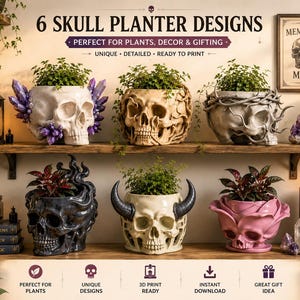 May include: Six skull-shaped planters displayed on wooden shelves. Designs include a crystal-adorned skull, a vine-covered skull, a thorn-crowned skull, a flame-detailed skull, a horned skull, and a rose-shaped skull, all containing green plants.