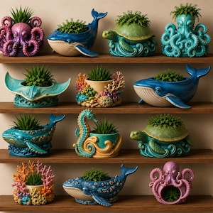 May include: A collection of twelve ceramic planters shaped like marine animals and coral reefs, including octopuses, whales, sea turtles, a seahorse, and a stingray. Each planter holds a small green plant and is displayed on wooden shelves.