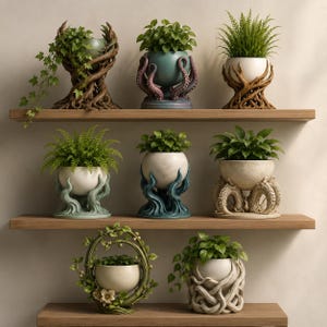 Paquete de archivos STL de macetas de fantasía / 8 macetas únicas para impresión 3D / Macetas con diseño de dragón, tentáculo, raíz y naturaleza / Macetas listas para resina/FDM (archivo STL)