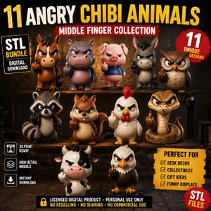 11 arga chibi-djur i STL-paket | Roliga långfingrar | Gulliga meme-samlarobjekt | 3D-utskrivbara STL-filer | Omedelbar digital nedladdning