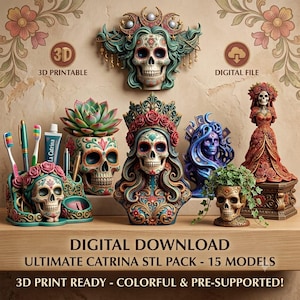 Könnte beinhalten: Eine Sammlung von 3D-druckbaren digitalen Dateien mit verzierten, schädelförmigen Organizern, Pflanzgefäßen und Figuren mit komplexen Blumenmustern. Der Text lautet: DIGITAL DOWNLOAD ULTIMATE CATRINA STL PACK - 15 MODELS 3D PRINT READY - COLORFUL & PRE-SUPPORTED.