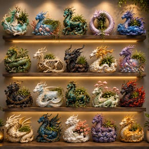 May include: A collection of twenty decorative dragon-shaped planters arranged on four wooden shelves. Each planter features a unique dragon design in various colors, including green, blue, purple, black, and gold, with integrated plant holders.