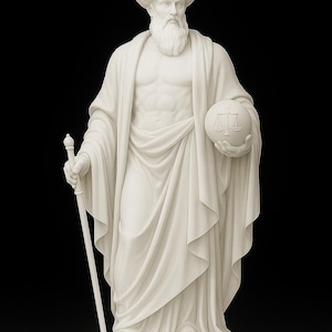 May include: A white marble statue of a robed figure holding a staff and a globe with scales. The figure has a long beard and a turban with a crescent moon. The statue is on a round base against a black background.