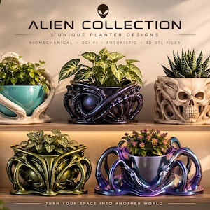 May include: Five decorative planters with intricate, organic, and skeletal textures. The collection includes a teal bowl in a white frame, a dark purple metallic pot, a skull-themed planter, a gold metallic vessel, and a blue-purple iridescent pot.