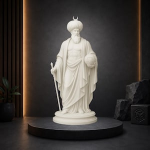 Puede incluir: Estatua blanca de una figura vestida con una túnica, con barba larga, sosteniendo un bastón y un globo. La figura lleva un turbante con una luna creciente. La estatua está sobre un pedestal negro, con un fondo oscuro.