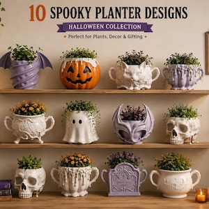 May include: Ten ceramic planters featuring Halloween themes including a pumpkin, ghost, skull, cat, and tombstone designs. The text reads 10 SPOOKY PLANTER DESIGNS, HALLOWEEN COLLECTION, Perfect for Plants, Decor & Gifting, and STAY SPOOKY.