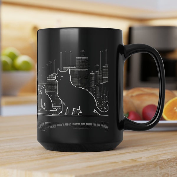 ASCII Art Cats Playing in Silhouette Cityscape - Modern Digital Decor Black Mug, 15oz