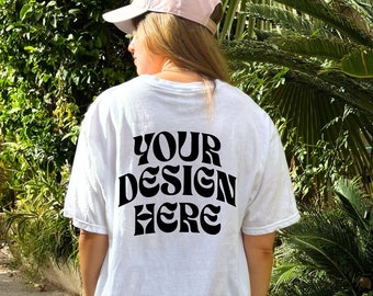 White comfort colors mockup back c1717 back mockup white trendy oversized tshirt mockup | model outdoors lifestyle mockup