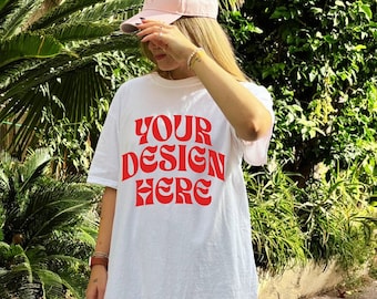 White comfort colors mockup, comfort colors 1717 white mockup, trendy white oversized blank tshirt mockup | model outdoors lifestyle mockup