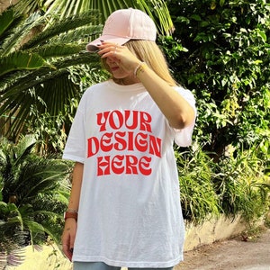 White comfort colors mockup, comfort colors 1717 white mockup, trendy white oversized blank tshirt mockup | model outdoors lifestyle mockup