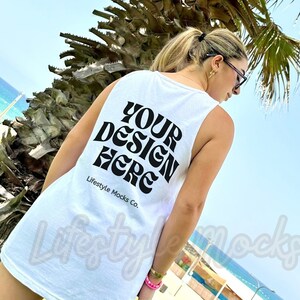Comfort Colors 9360 White Tank Top Back Mockup, Model Mock up, Summer White Top Mockup, Lifestyle 9360 White Comfort Colors Beach Mockup