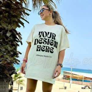 Ivory Comfort Colors 1717 T-Shirt Mockup | Trendy Comfort Colors Ivory T-shirt Mockup, Oversized Shirt Mockup, Model Lifestyle Beach Mockup