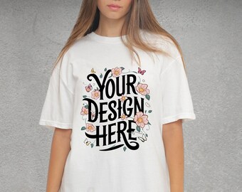 Comfort Colors 1717 White T-shirt Mockup, Trendy Oversized Blank White shirt Mock up, woman model Mockup, Simple CC1717 Aesthetic Mockup
