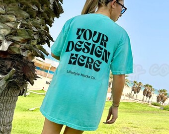 Chalky Mint Comfort Colors 1717 Back Mockup | Trendy CC1717 Oversized back of shirt Mockup, Summer Outdoors Lifestyle mockup, Model Mockup