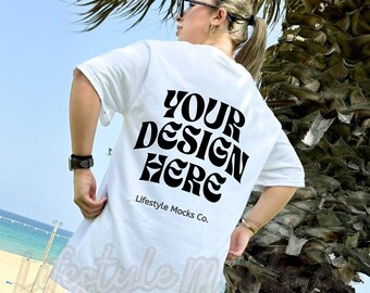 White Comfort Colors 1717 Back Mockup, White Trendy Oversized Tshirt Mockup | Model Outdoors Lifestyle Mockup, Beach Summer Mockup