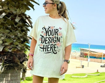 Comfort Colors 1717 Mockup, CC1717 Ivory Tshirt Mockup, Trendy Oversized T-shirt Mockup, Beach Vibes Lifestyle Mockup, Outdoors Mock up