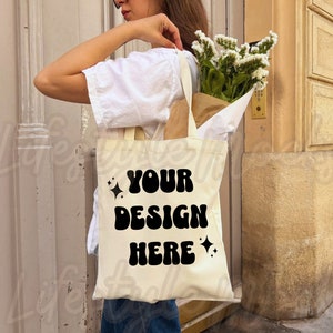 Canvas Tote Bag Mockup | Natural Tote Mockup | Summer Tote Bag Mockup, Canvas Tote bag model lifestyle mockup, Trendy Tote Outdoors Mockup