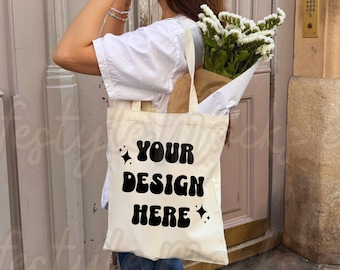 Tote Bag Mockup, Natural Tote Mockup, Summer Tote Bag Mockup, Canvas Tote bag model lifestyle mockup, Trendy Tote bag Outdoors Mockup