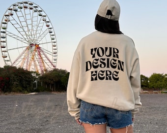 Sand Gildan 18000 Sweatshirt back Mockup, Oversized Trendy Crewneck Western Coastal Cowgirl Sweater Mockups, Cowgirl Aesthetic Mock