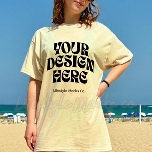 Ivory Comfort Colors 1717 T-Shirt Mockup| Comfort Colors Ivory Trendy T-shirt Mockup, Oversized Shirt Mockup, Model Lifestyle Beach Mockup