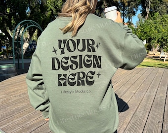 Gildan 18000 Mockup, Military Green Gildan 18000 Back Sweatshirt Mockup, Oversized Crewneck Mock, Real Woman Model Outdoors Lifestyle Mockup
