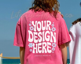 Comfort Colors 1717 Mockup, Crunchberry 1717 Mockup, Back of Trendy Oversized T-shirt Mockup, Summer Beach Outdoors Lifestyle Mockup