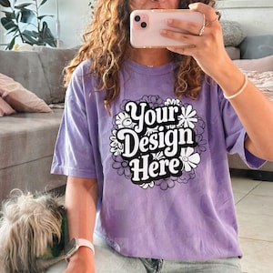 Violet Comfort Colors mockup | comfort colors 1717 violet mockup | purple tshirt woman model mockup, trendy tee mock | dog | lifestyle mock