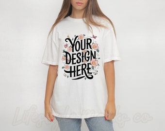 Comfort Colors 1717 White T-shirt Mockup, Trendy Oversized Blank White Shirt Mock Up, Woman Model Mockup, Simple CC1717 Aesthetic Mockup