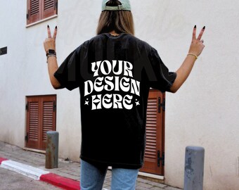 black comfort colors mockup black back mockup oversized Tshirt mockup, woman model lifestyle mockup Outdoors Aesthetic street mockup
