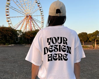 Gildan 5000 White Mockup Back of White Tshirt Mockup, Gildan white T-Shirt Back Mockup, Neutral Aesthetic Shirt, Outdoors Lifestyle Mockup