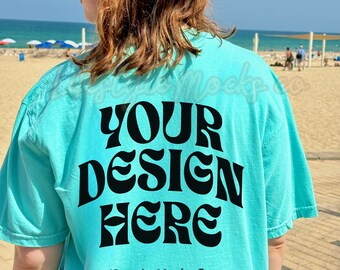 Chalky Mint Comfort Colors 1717 Back Mockup | Trendy CC1717 Oversized back of shirt Mockup, Summer Outdoors Lifestyle mockup, Model Mockup