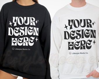 May include: Two sweatshirts, one black and one white, with the text "YOUR DESIGN HERE" and "Lifestyle Mocks Co." printed on the front.
